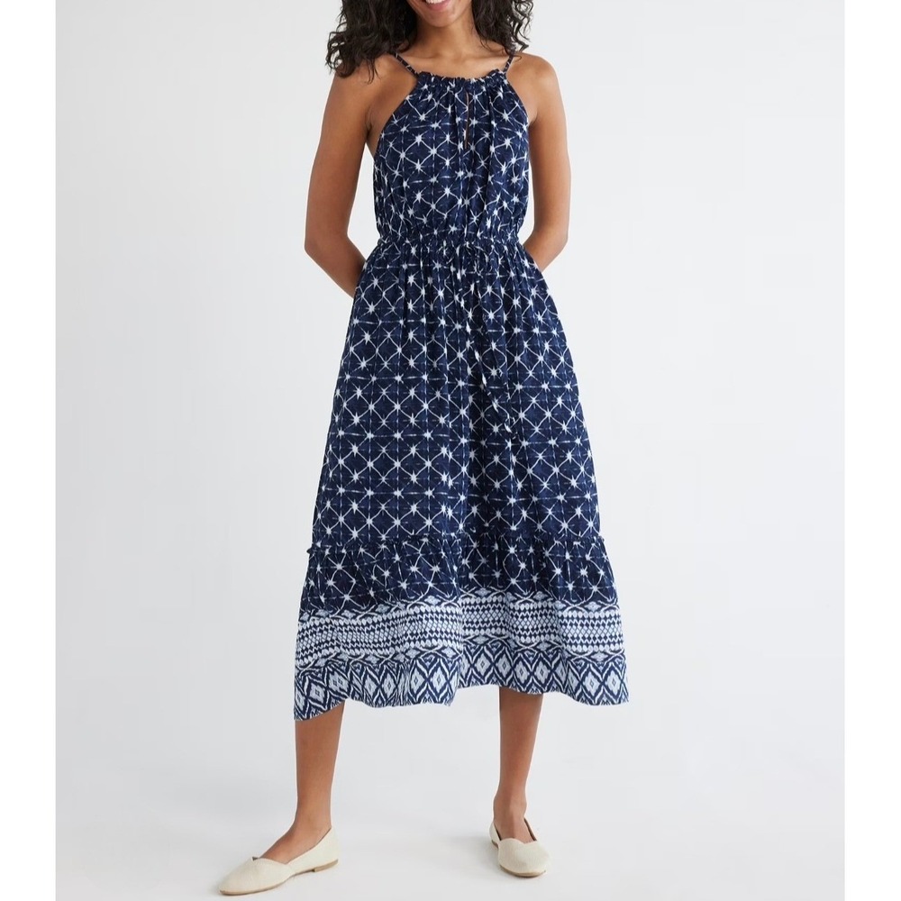 Navy blue white shibori tie dye‎ midi dress womens small